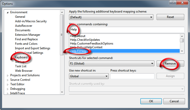 Kuidas takistada Visual Studio F1 nupuvajutuse peale “Online Help” laadimist?